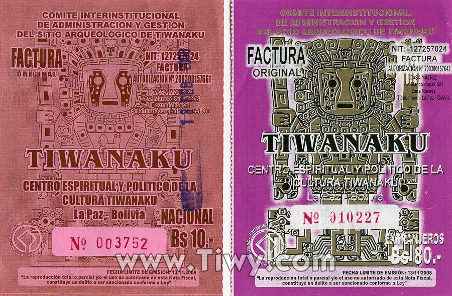 Samples of entry tickets. The price for Bolivians Ч 10 bolivianos, for foreign tourists Ч 8 times as much