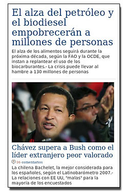Скриншот онлайн издания испанской газеты «Эль Паис» с фотографией Чавеса, относящейся одновременно к двум заметкам. 