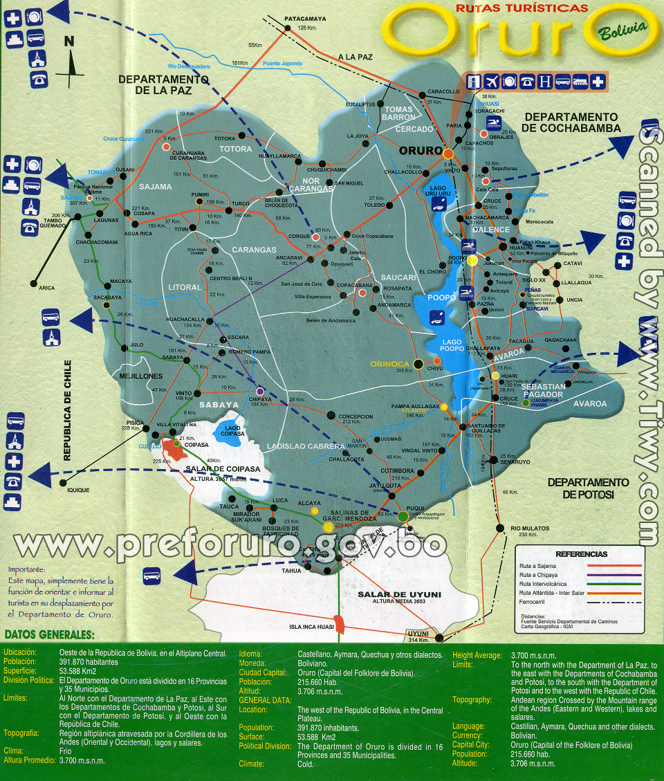 Map of tourist routes of Oruro departament, Bolivia