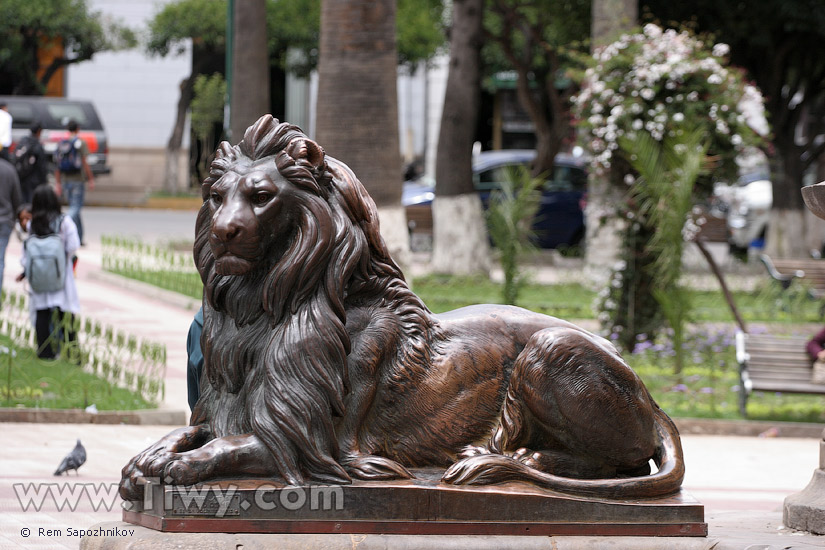 Лев рядом с памятником Сукре